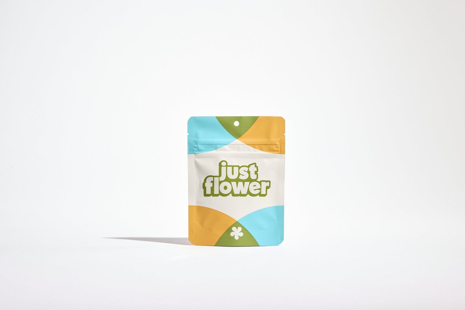 Just Flower resealable mylar package on a white background