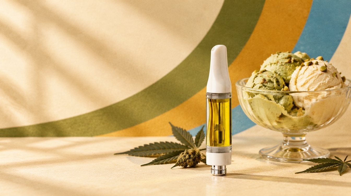 Just Flower Bacio Gelato vape cart with a vintage glass coupe of creamy pistachio and vanilla gelato and a few dried cannabis leaves