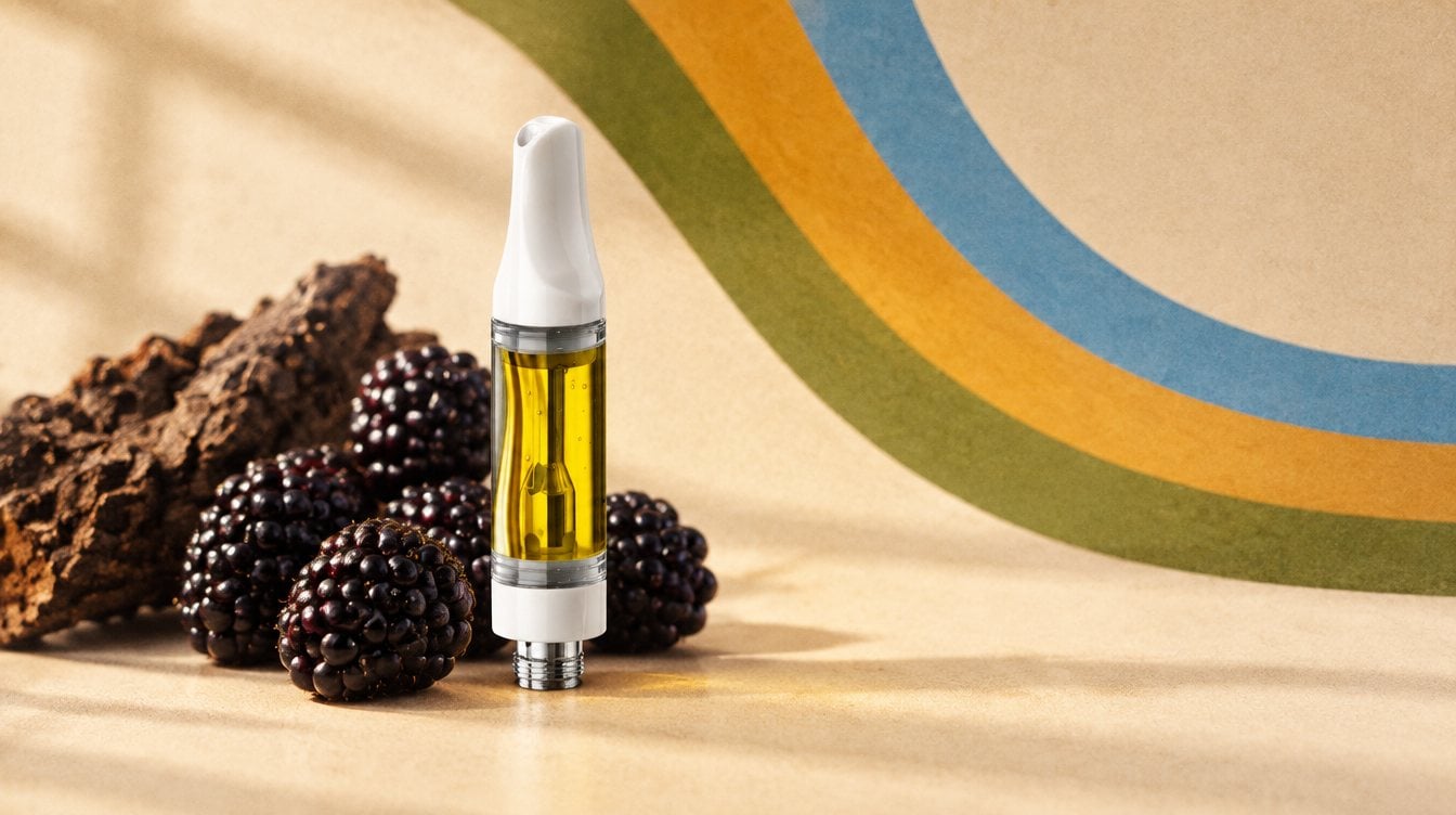 Just Flower Blackberry Kush vape cart with a pile of glossy blackberries and a rough piece of dark bark