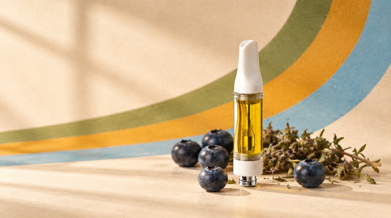 Just Flower Blue Dream vape cart with a scattering of fresh blueberries and a small sprig of dried herbs