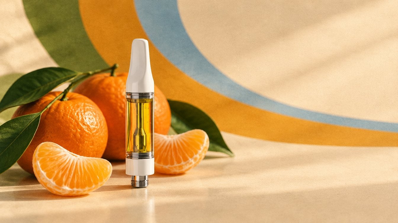 Just Flower Clementine vape cart with peeled clementine segments and whole clementines with green leaves