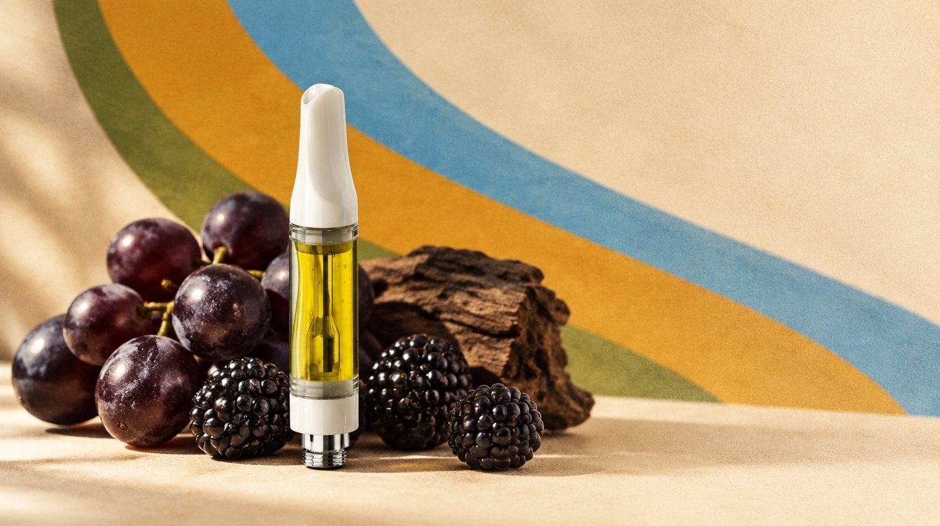 Just Flower Granddaddy Purple vape cart with a cluster of deep purple grapes, blackberries and a piece of dark earthy wood