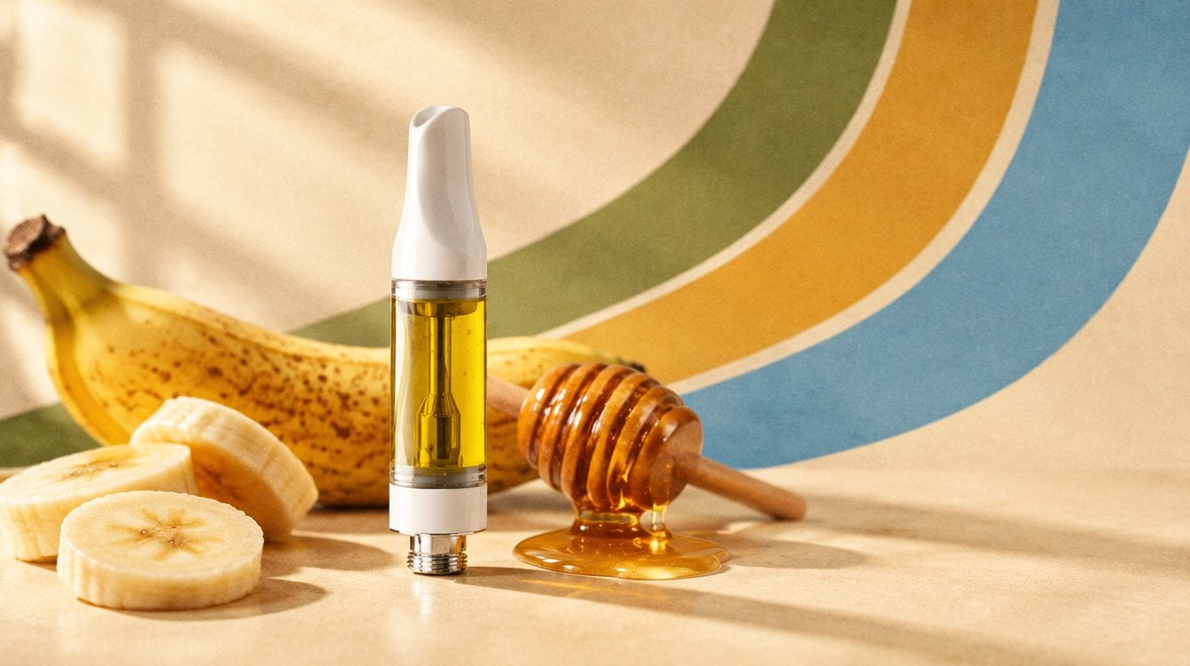 Just Flower Honey Banana vape cart with a ripe banana, banana slices and a wooden honey dipper dripping golden honey