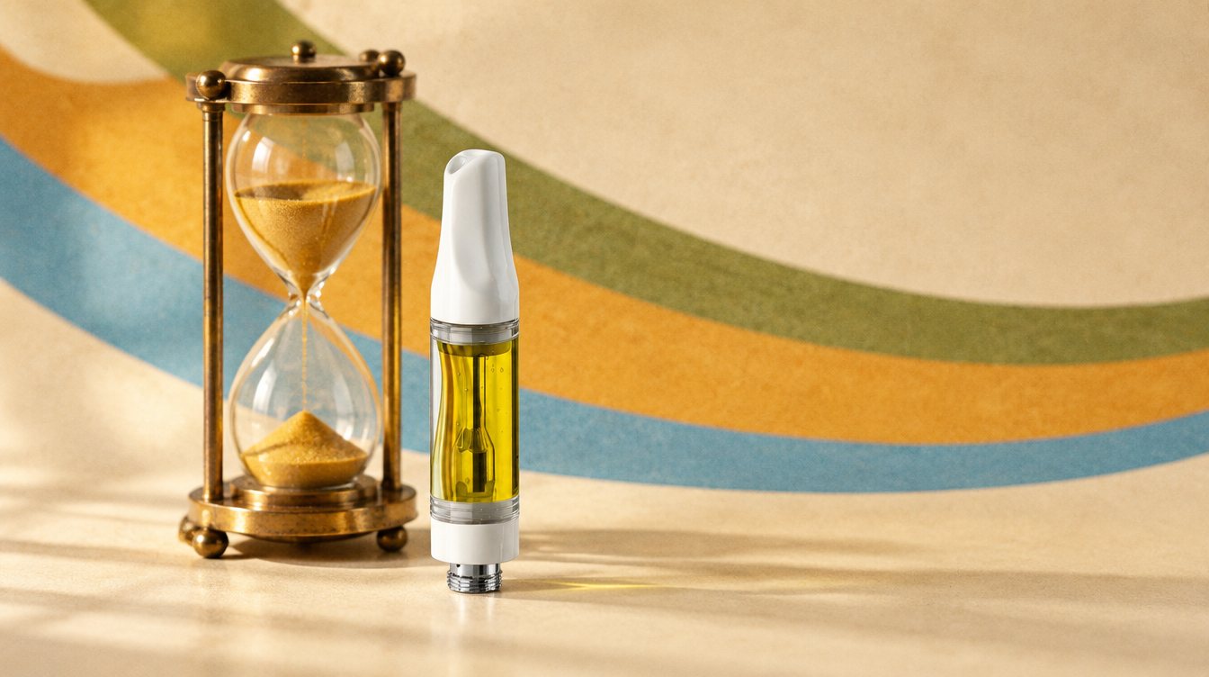 Vape cart beside a vintage brass hourglass
