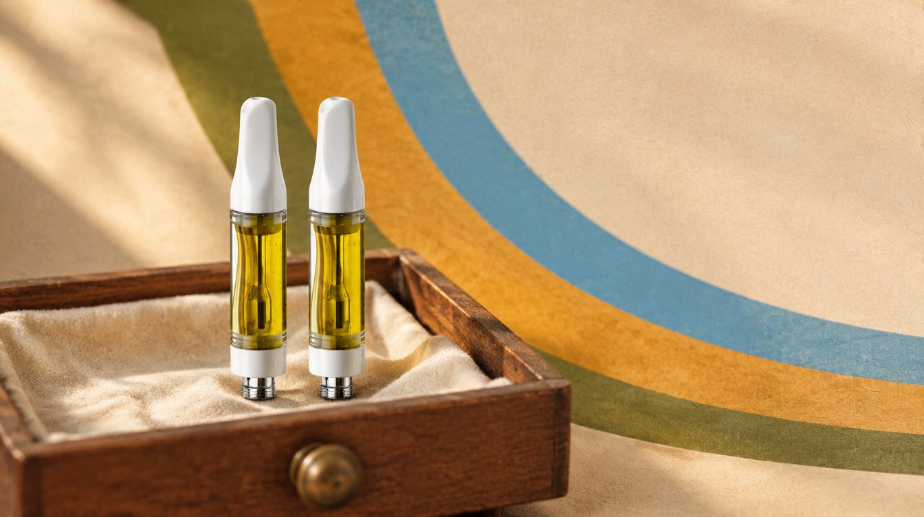 Two vape carts stored upright in a vintage wooden drawer