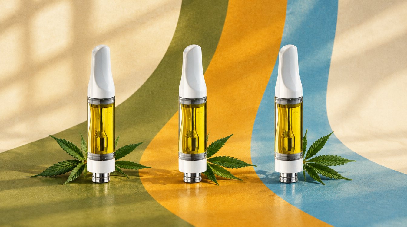 Three vape carts on olive, amber and blue color blocks with cannabis leaves