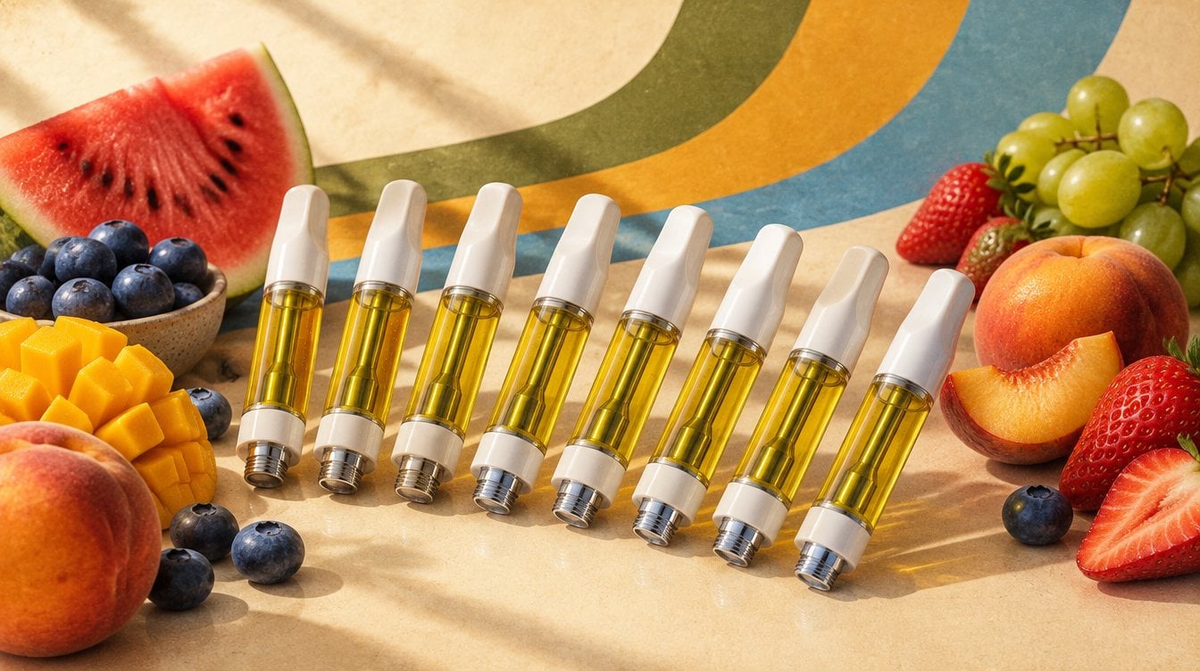 Row of Just Flower vape carts surrounded by fresh fruit