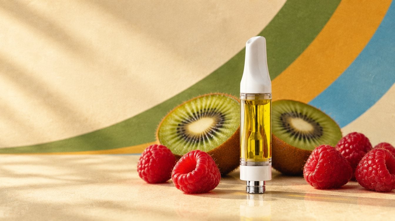 Just Flower Kiwi Berry vape cart with halved green kiwis and a scattering of raspberries