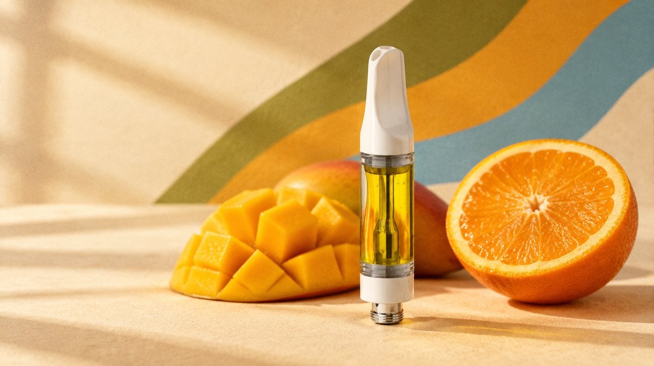 Just Flower Mango Sunrise vape cart with sliced ripe mango cubes and a halved orange