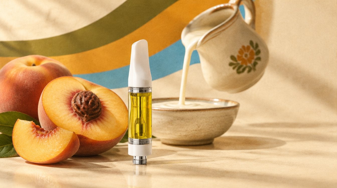 Just Flower Peaches & Cream vape cart with halved ripe peaches and a small vintage pitcher pouring fresh cream