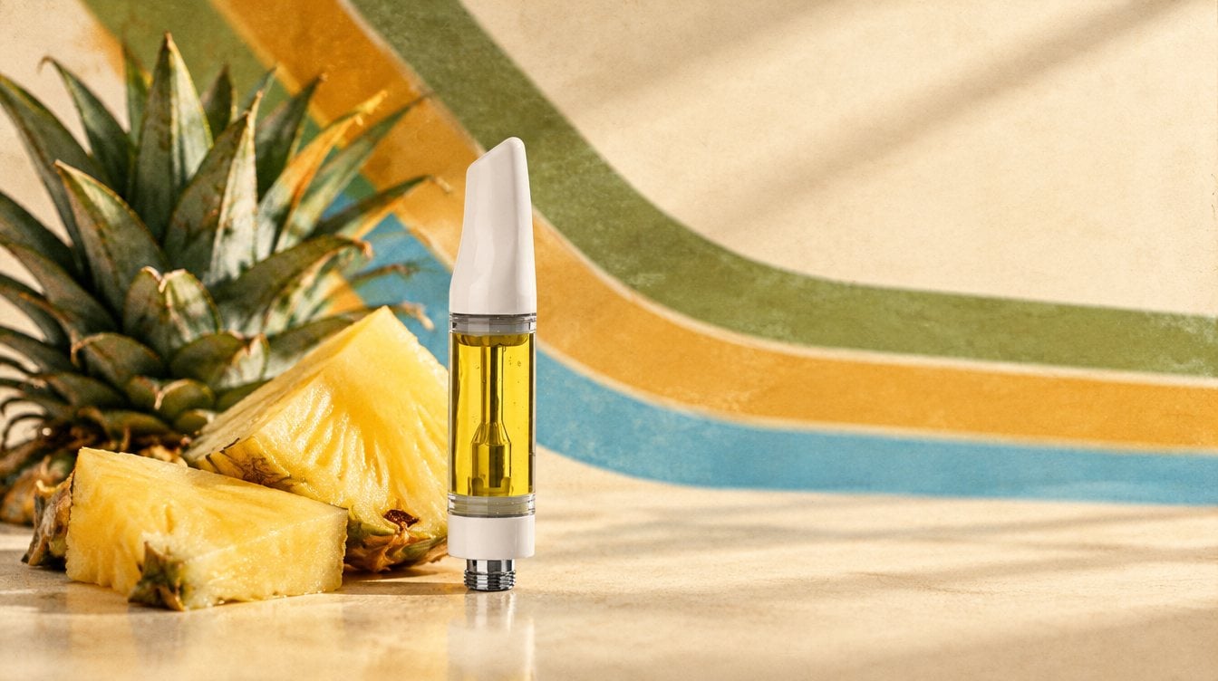 Just Flower Pineapple Pop vape cart with fresh pineapple chunks and a whole pineapple crown