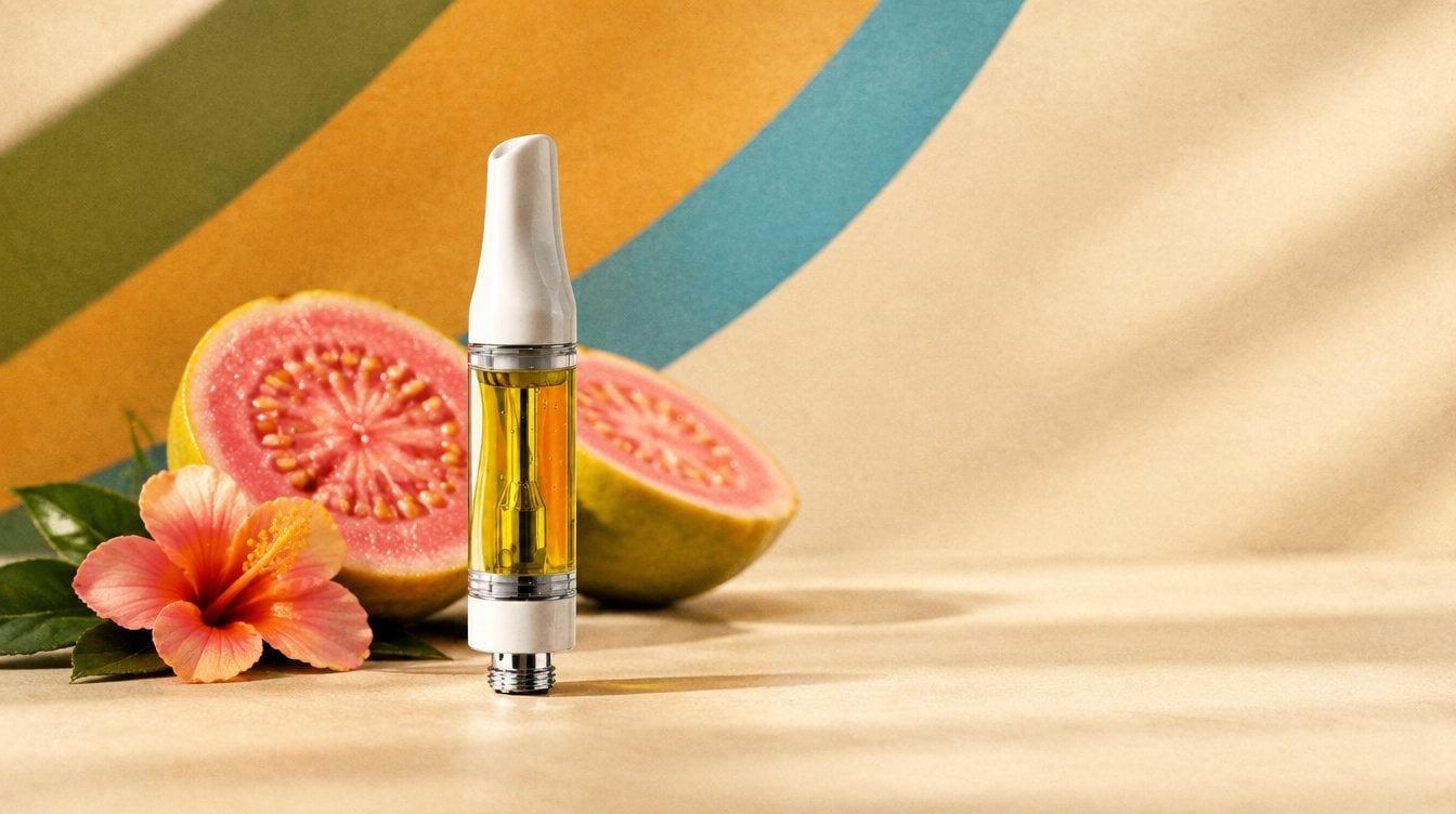 Just Flower Pink Guava vape cart with halved pink guavas showing pink flesh and a small tropical flower