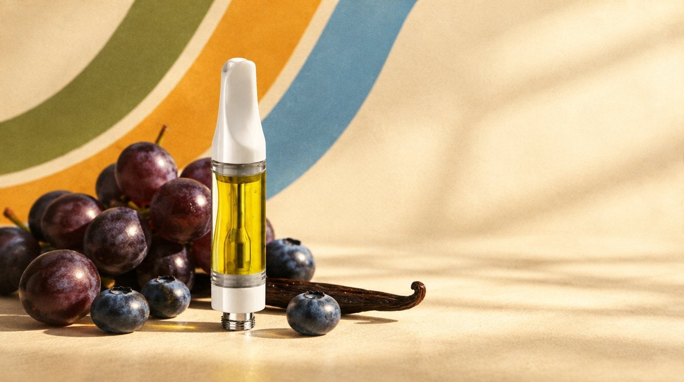 Just Flower Purple Punch vape cart with a cluster of dark purple grapes, a few berries and a vanilla bean pod