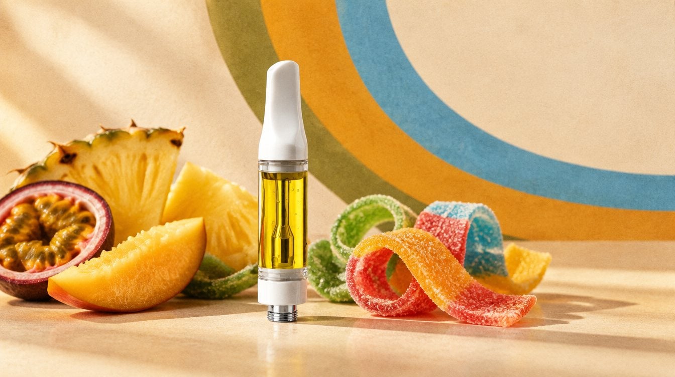 Just Flower Rainbow Belts vape cart with colorful chewy sour fruit strips and tropical fruit slices