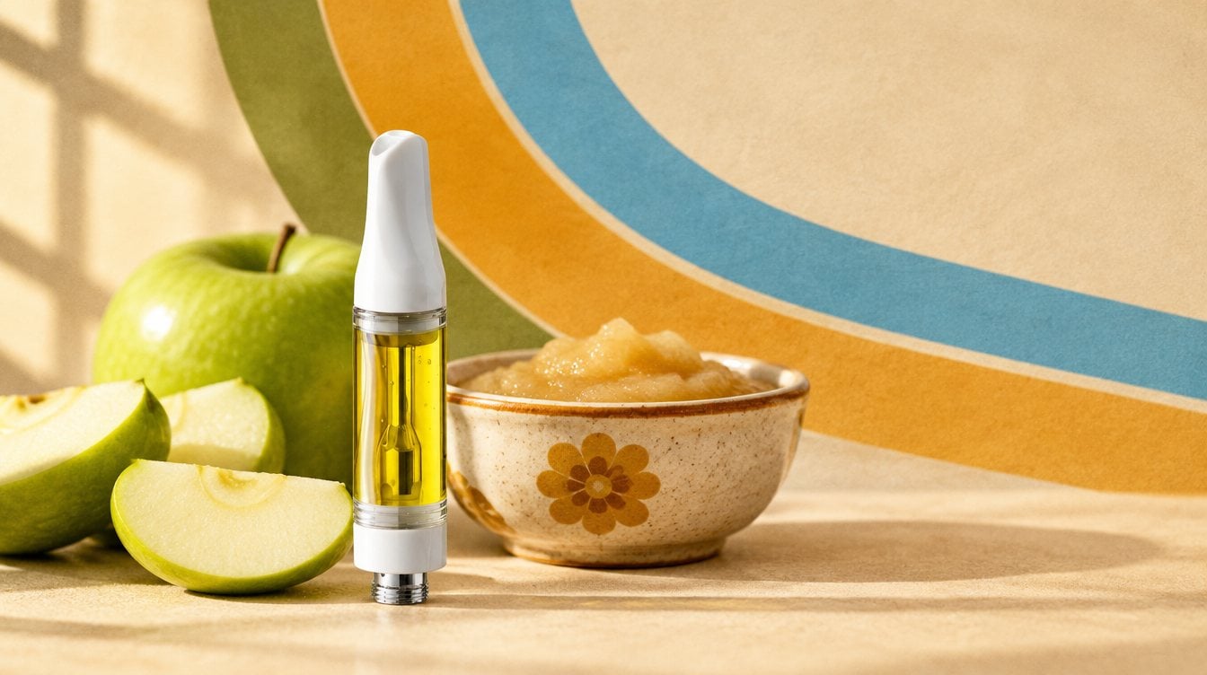 Just Flower Sour Apple Sauce vape cart with crisp sliced green apples and a small vintage ceramic bowl of applesauce