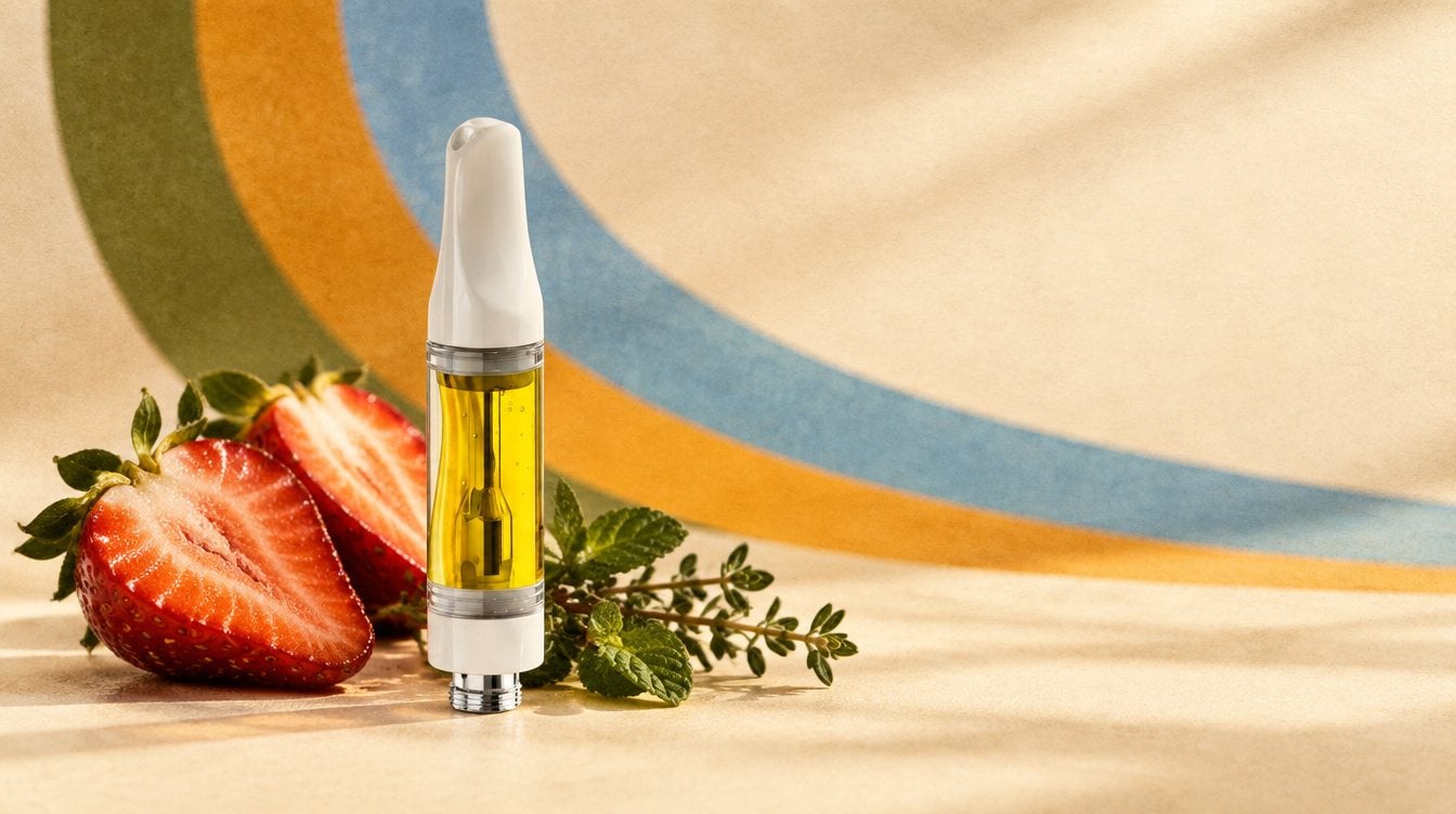 Just Flower Strawberry Cough vape cart with ripe halved strawberries and a small sprig of fresh herbs
