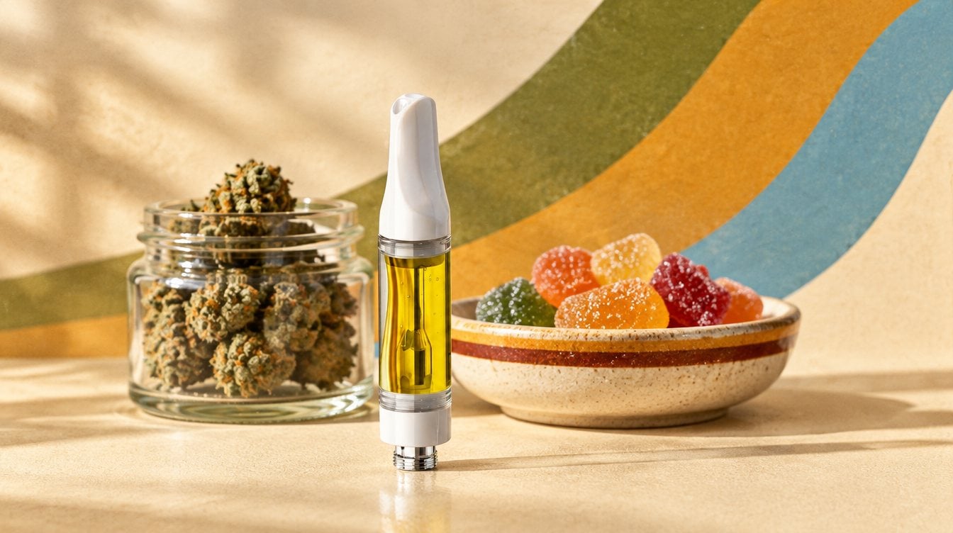 Vape cart beside a jar of cannabis flower and a dish of fruit gummies