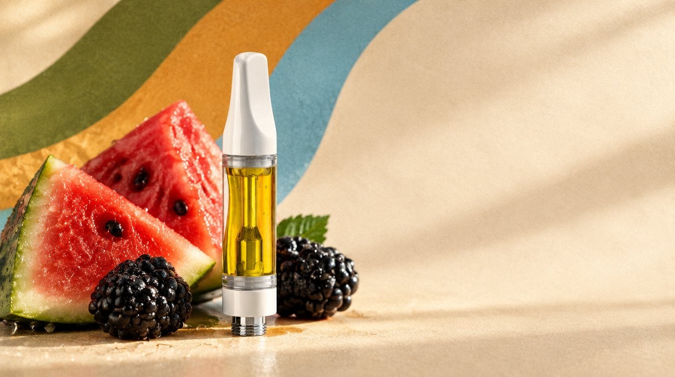 Just Flower Watermelon Splash vape cart with fresh juicy watermelon wedges and a few blackberries