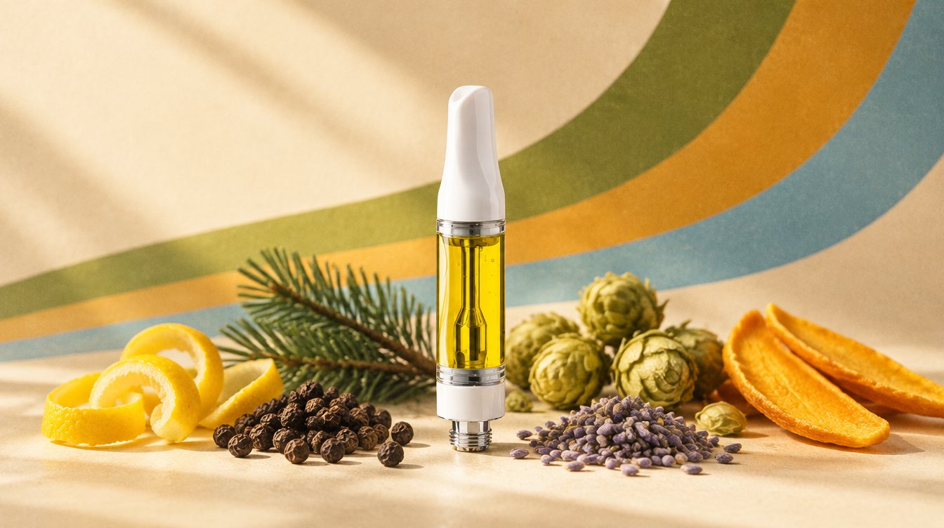 Vape cart surrounded by terpene botanicals: lemon peel, pine, peppercorns, lavender and hops