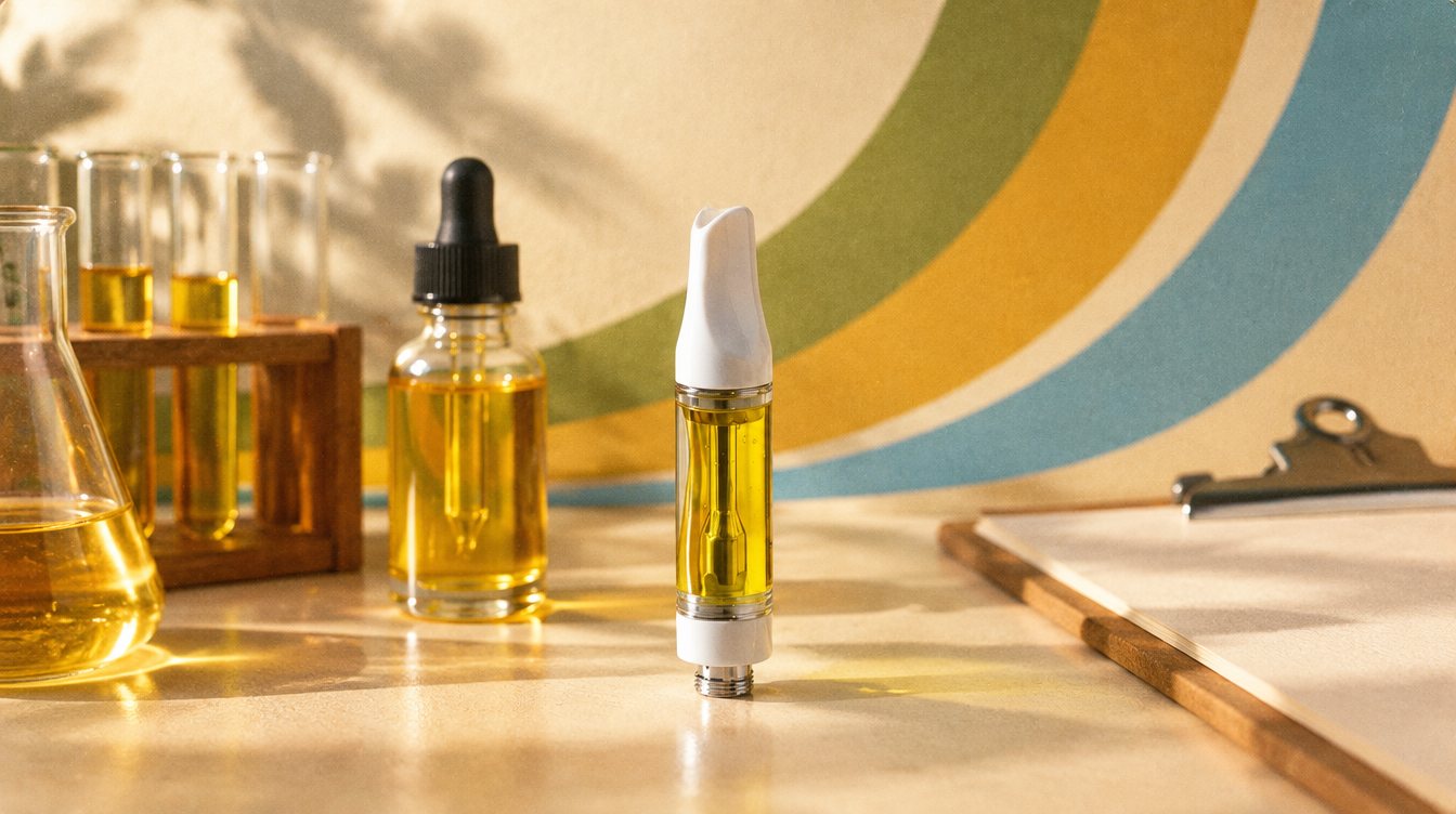 Vape cart beside lab test tubes and a terpene dropper bottle